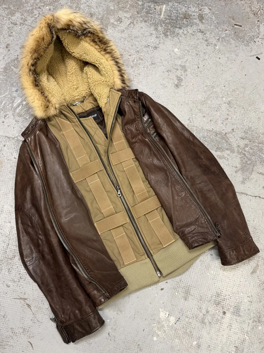 AW2003 Dolce & Gabbana Parachute Buffalo Shearling Brown Leather Fur Hooded Jacket - Image 6