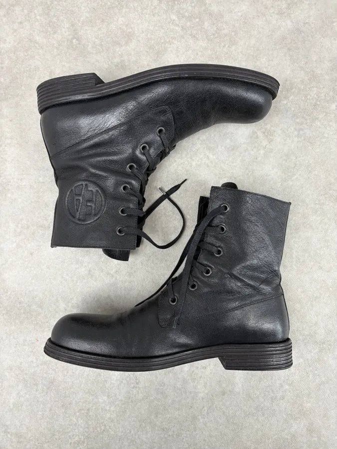 AW2003 Emporio Armani Black Classy Combat Leather Boots - Image 4