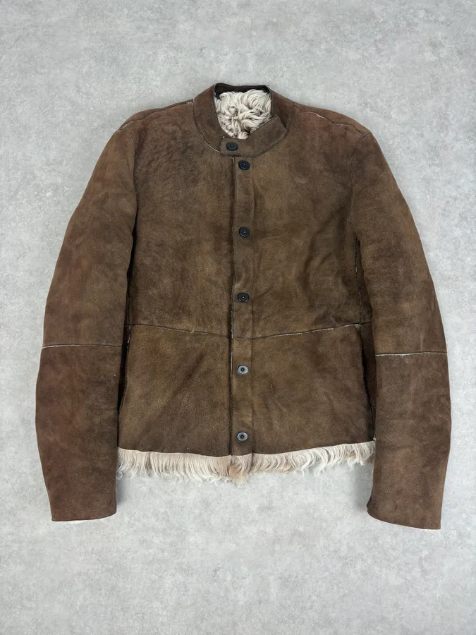 AW2003 Emporio Armani Brown Beige Shearling Fur-Lined Leather Jacket