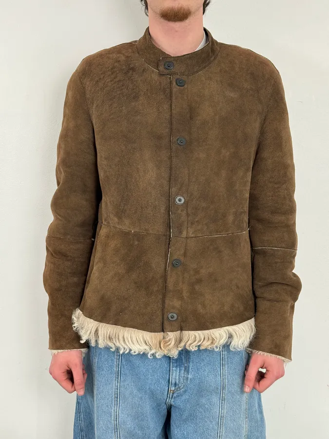 AW2003 Emporio Armani Brown Beige Shearling Fur-Lined Leather Jacket - Image 2