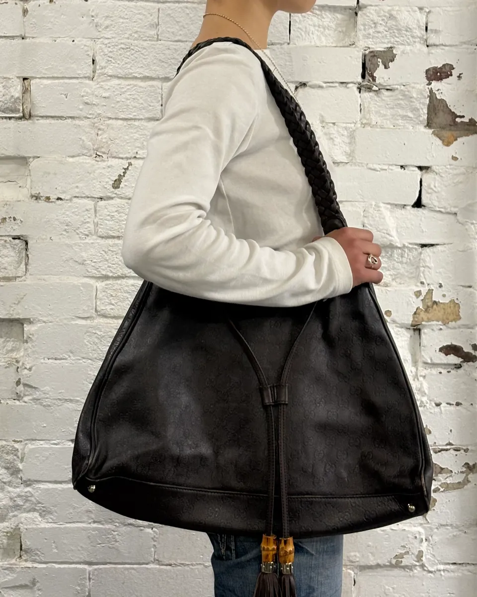 AW2003 Gucci Dark Brown Leather Bamboo Tassel Hobo Bag by Tom FOrd - Image 2