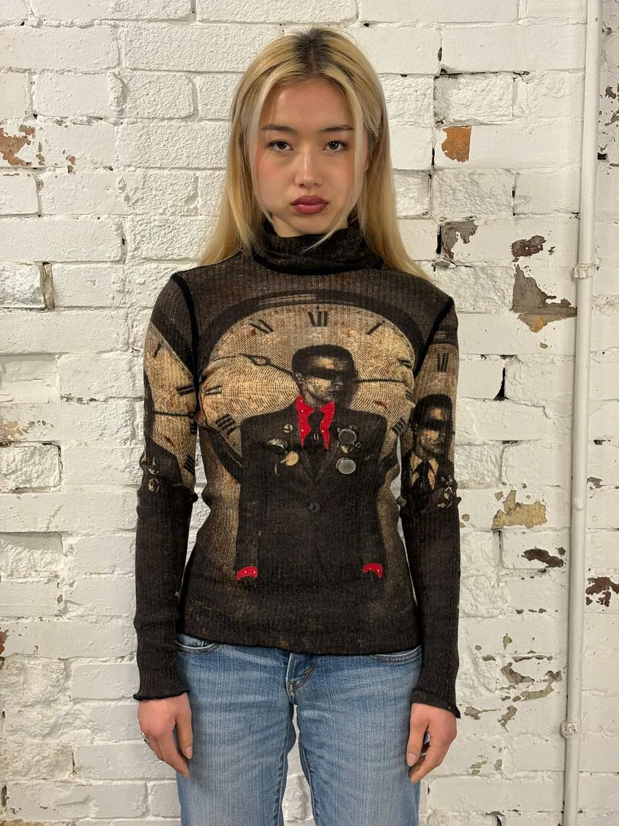 AW2003 Jean Paul Gaultier Brown Clock Longsleeve Top - Image 2