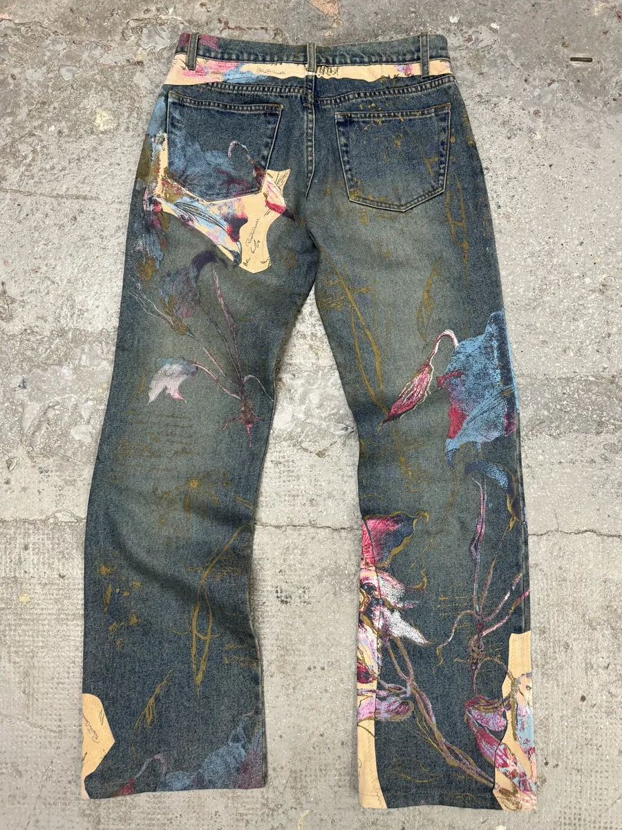 AW2003 Roberto Caballi Painted Flowers Art Blue Faded Denim Jeans - Image 4