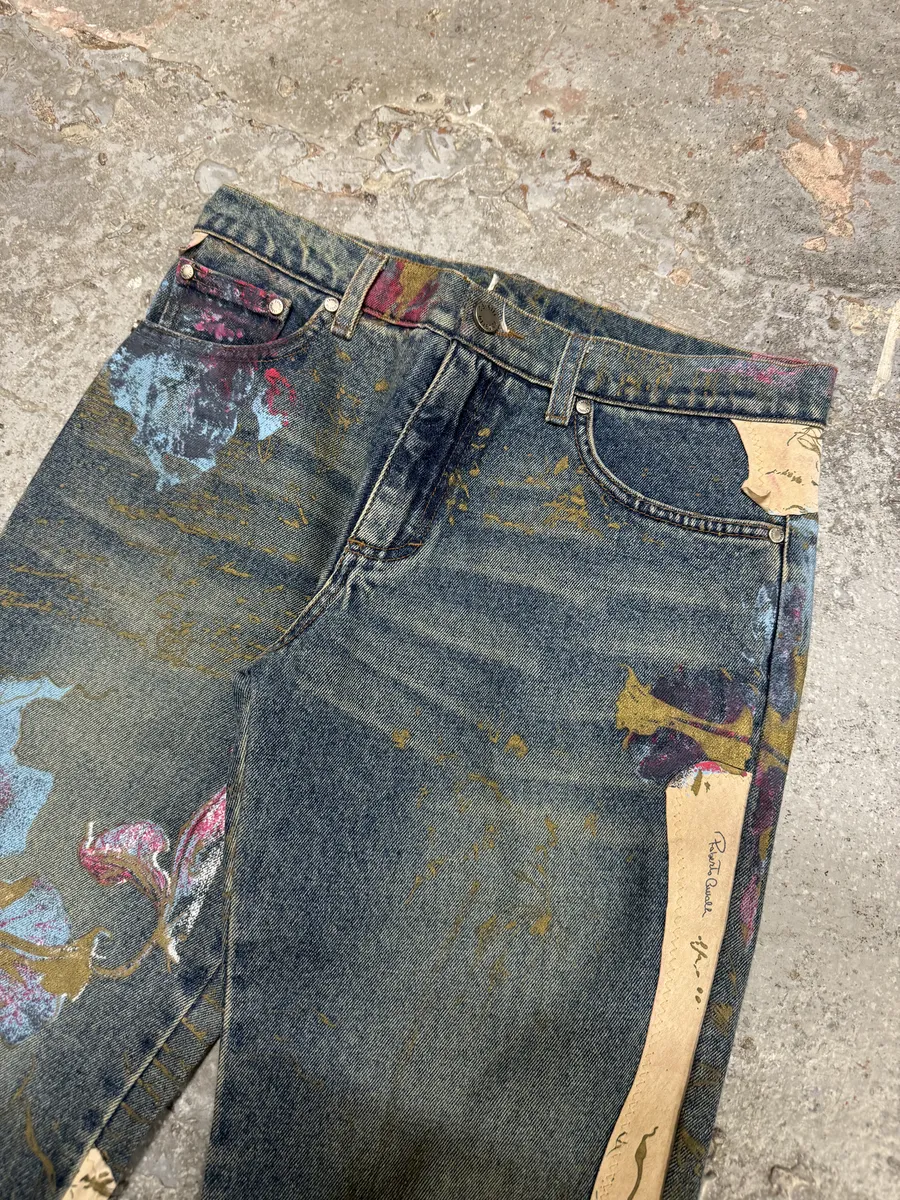 AW2003 Roberto Caballi Painted Flowers Art Blue Faded Denim Jeans - Image 8