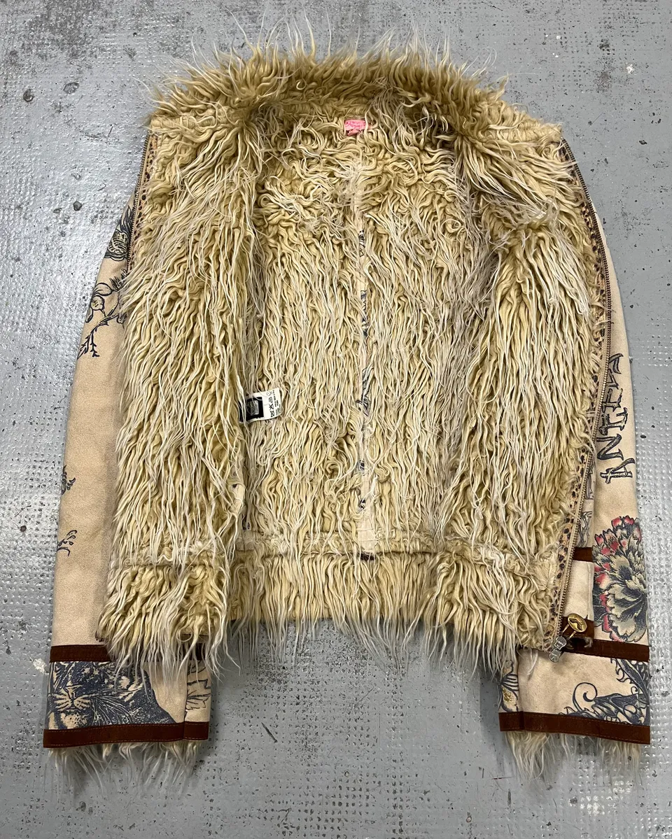 AW2003 Roberto Cavalli Beige Tattoo Hearth Fur-Collar Jacket - Image 8