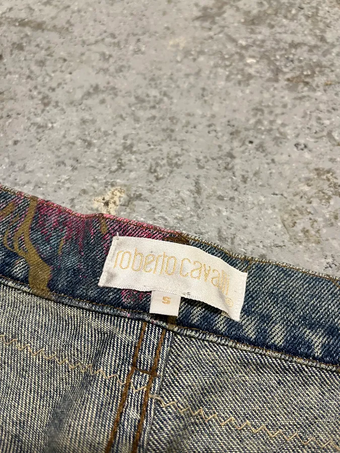 AW2003 Roberto Cavalli Blue Denim Painted Flowers Pants - Image 11