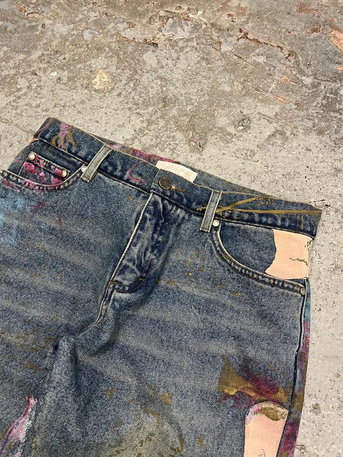 AW2003 Roberto Cavalli Blue Denim Painted Flowers Pants - Image 6