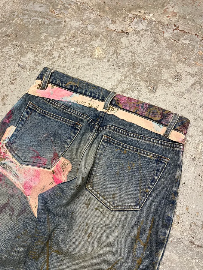 AW2003 Roberto Cavalli Blue Denim Painted Flowers Pants - Image 9