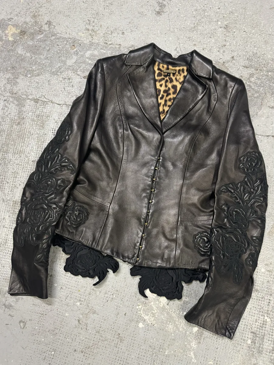 AW2003 Roberto Cavalli Flowers Black Perfored Leather Jacket - Image 5