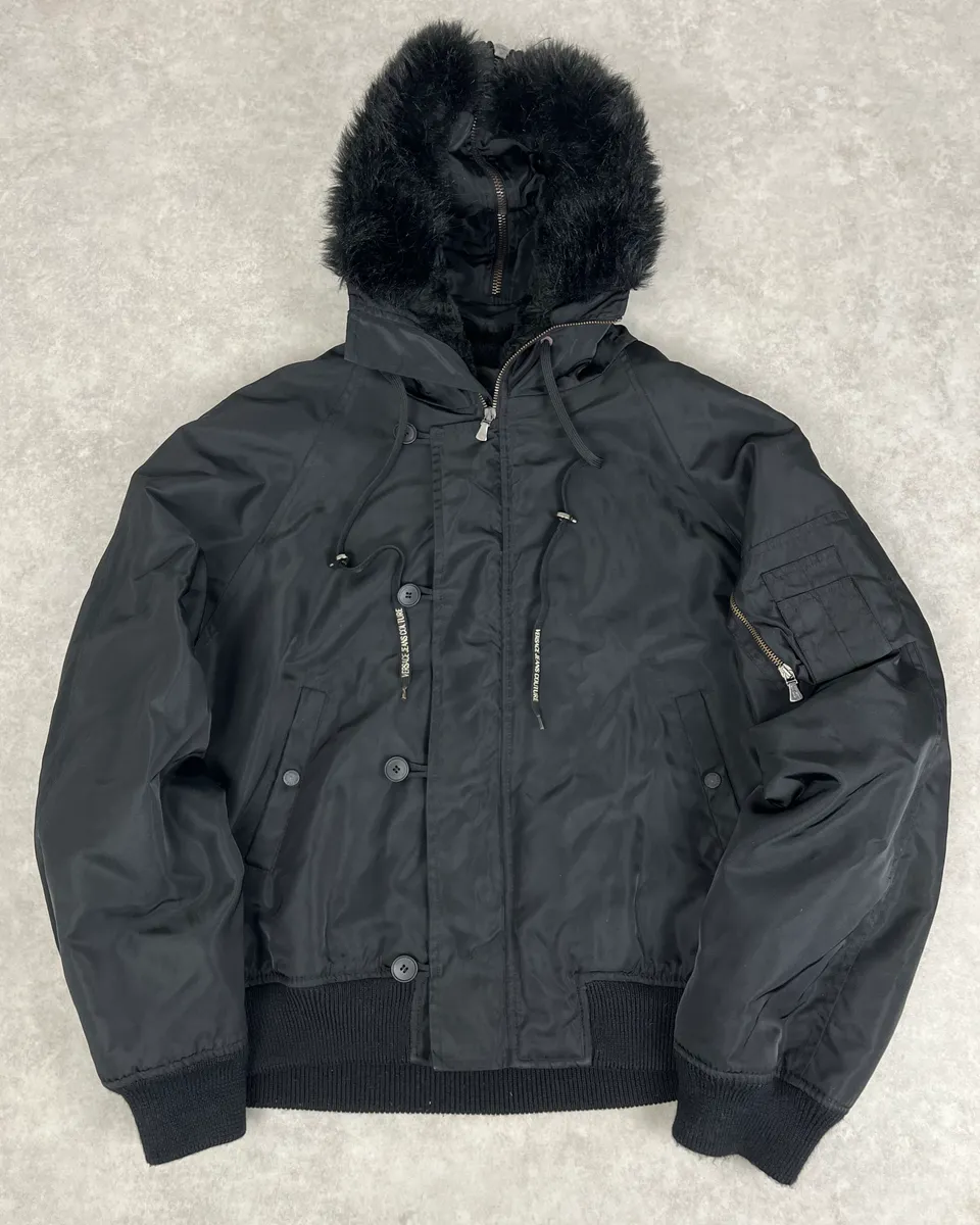 AW2003 Versace Black Fur Zip Hood Aviator Bomber Jacket - Image 3