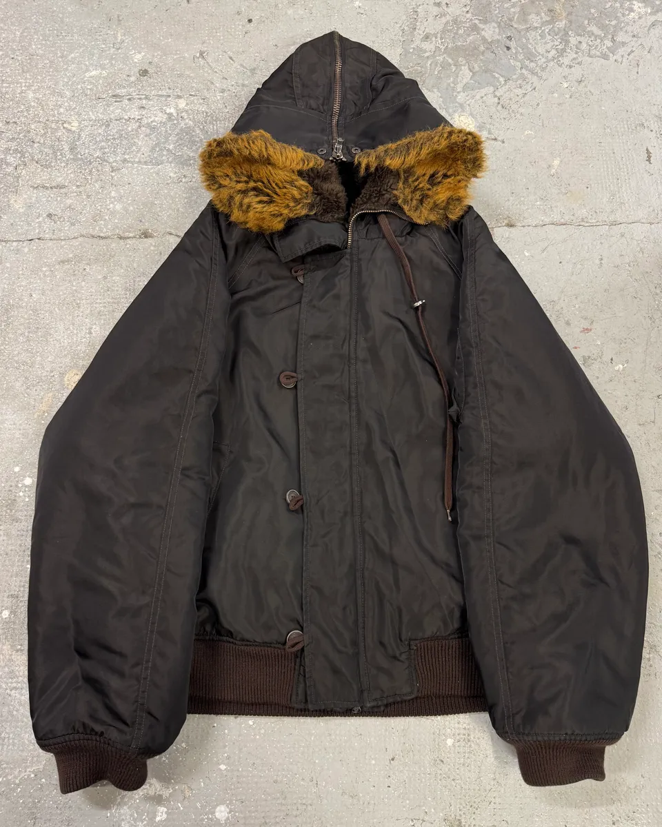 AW2003 Versace Black Zip Fur Hood Bomber Jacket