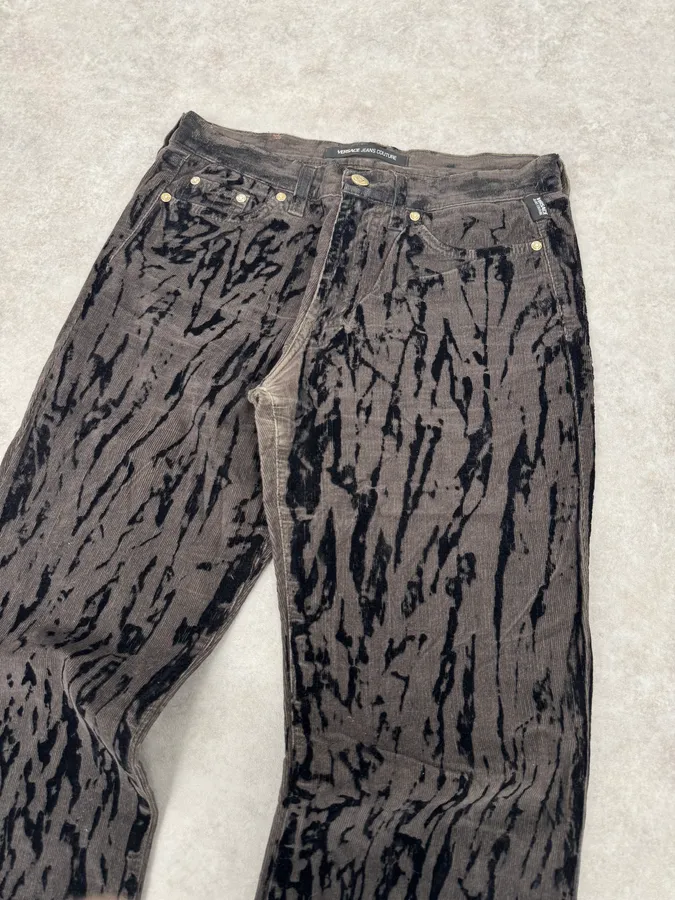 AW2003 Versace Dark Green & Black Blood Effect Velvet Pants - Image 3