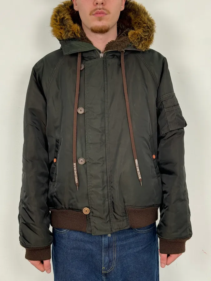 AW2003 Versace Dark Green Hooded Faux Fur Aviator Bomber Jacket - Image 2