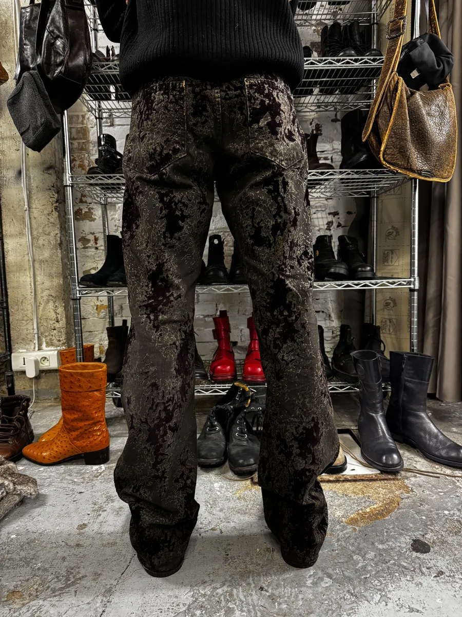 AW2003 Versace Green Velvet Red Blood Effect Pants - Image 4