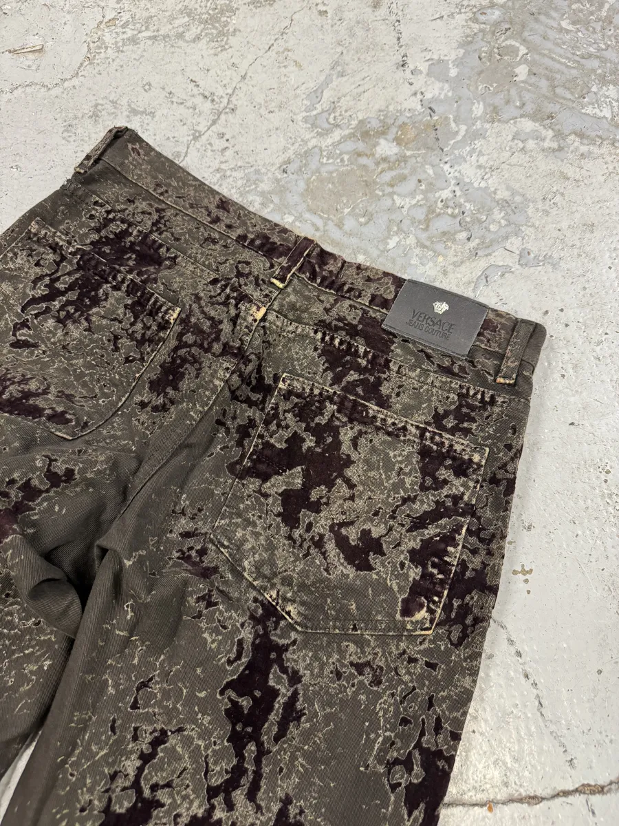 AW2003 Versace Green Velvet Red Blood Effect Pants - Image 7