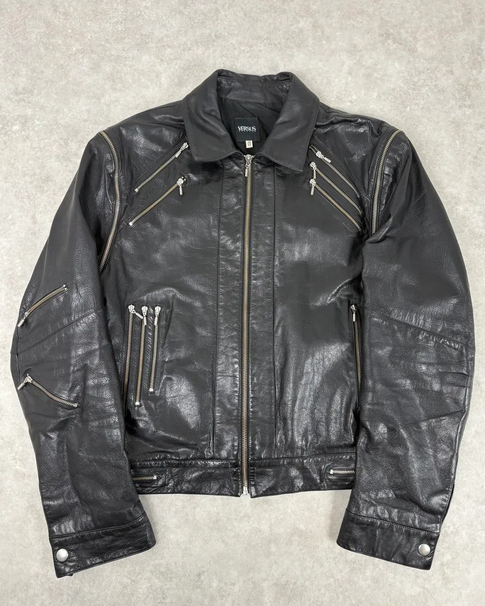 AW2003 Versace Multi Zip with Detachable Sleeves Black Leather Jacket