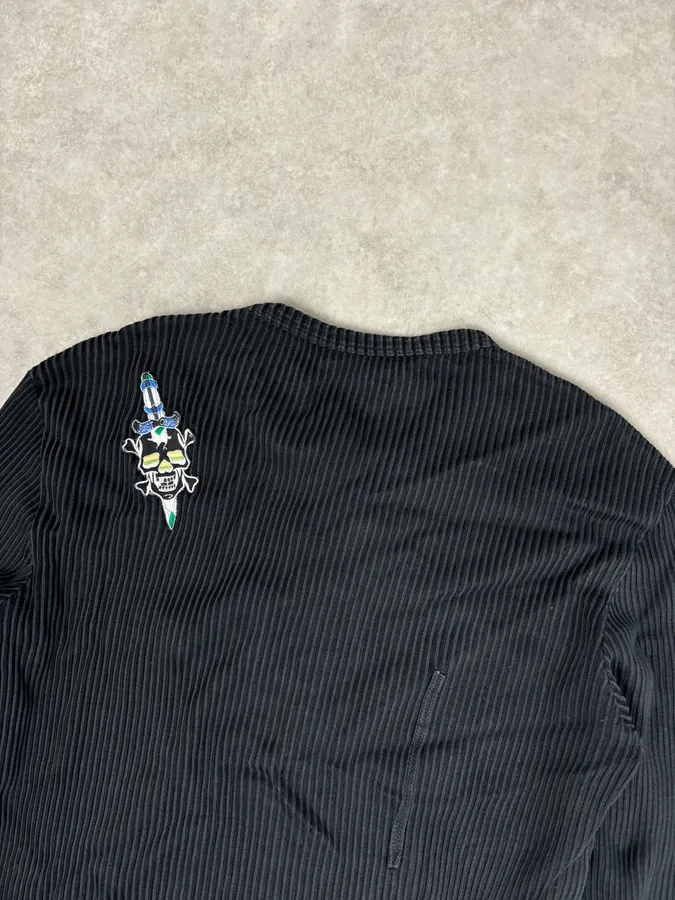 AW2004 Cavalli Black Henley Ribbed Embroidered Skull Longsleeve - Image 6