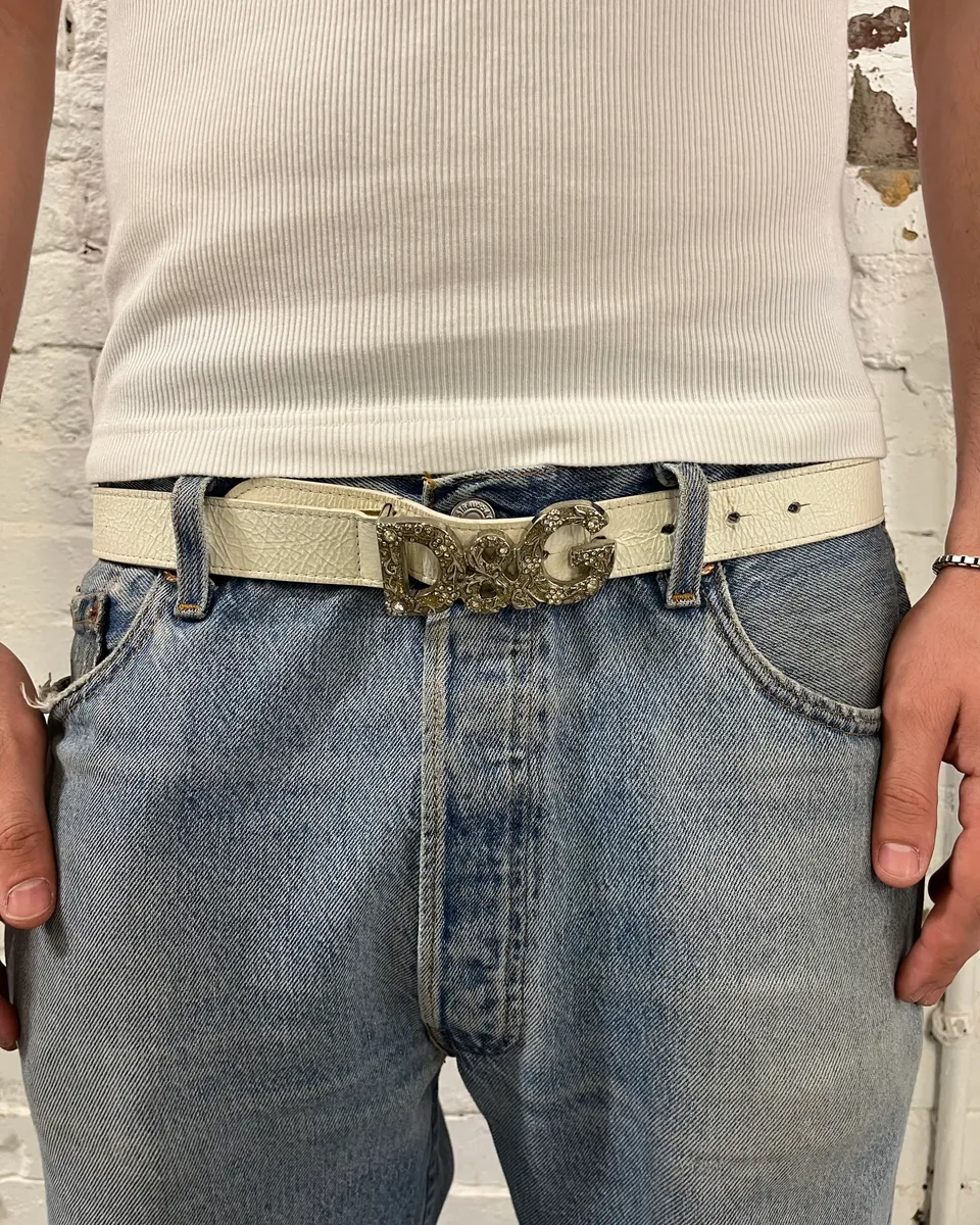 AW2004 Dolce & Gabanna White Studded Logo Leather Belt - Image 2