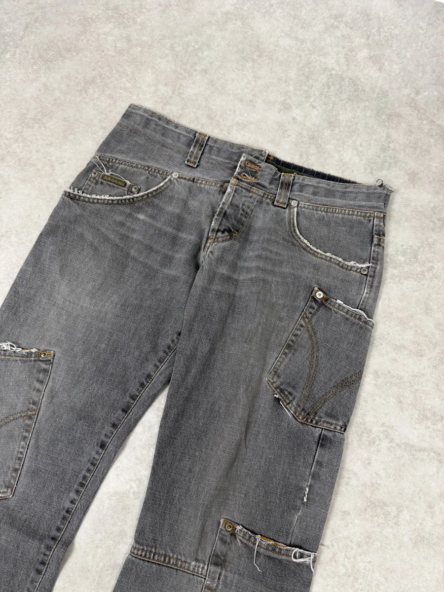 AW2004 Dolce & Gabbana Asymmetrical Grey Cargo Denim Jeans - Image 7