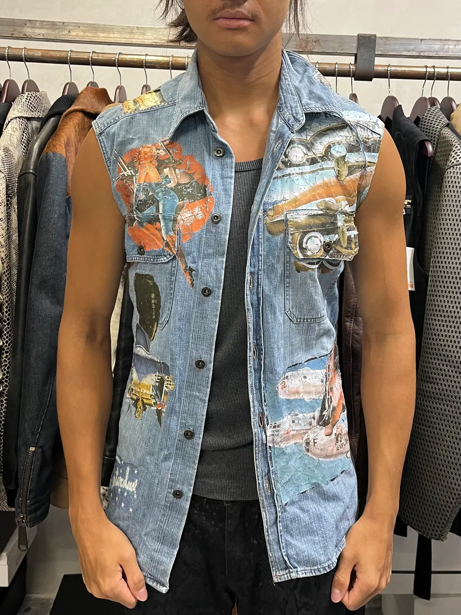 AW2004 Dolce & Gabbana Blue Printed Sleeveless Denim Vest - Image 2