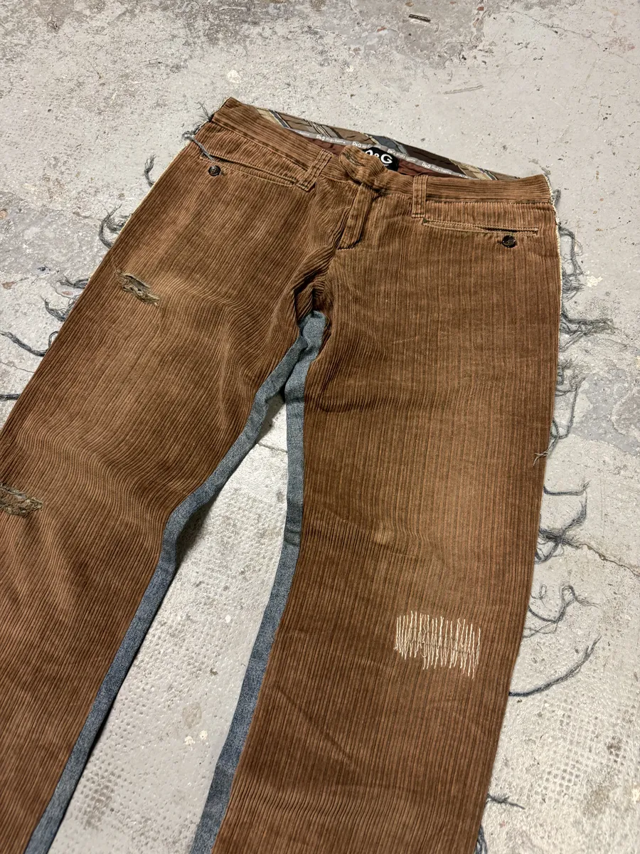 AW2004 Dolce & Gabbana Hybrid Brown Velvet Blue Distressed Denim Jeans - Image 7