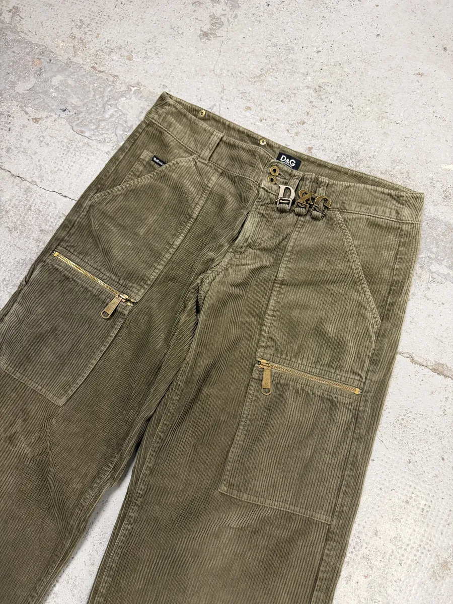 AW2004 Dolce & Gabbana Khaki Velvet Cargo Pants - Image 3