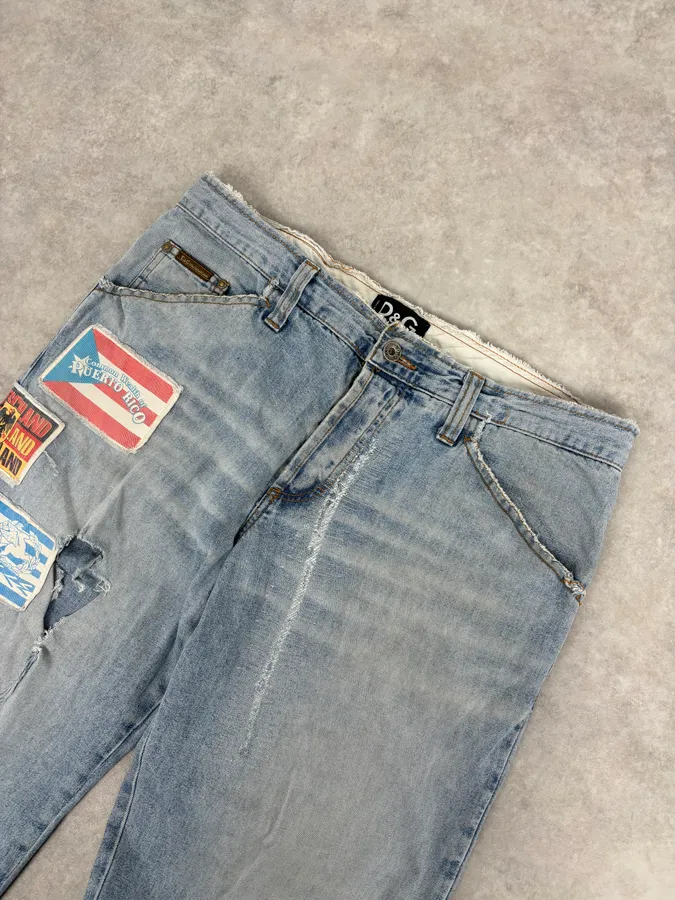 AW2004 Dolce & Gabbana Light Blue Distressed Patch Flag Denim Jeans - Image 5