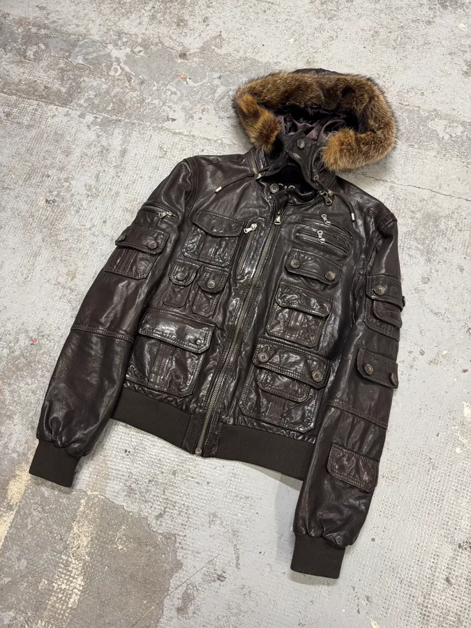 AW2004 Dolce & Gabbana Multi Pockets Brown Biker Leather Jacket - Image 2