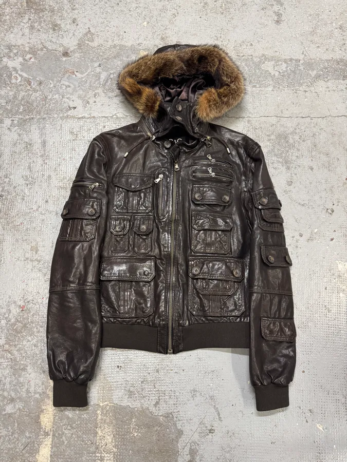AW2004 Dolce & Gabbana Multi Pockets Brown Biker Leather Jacket - Image 4