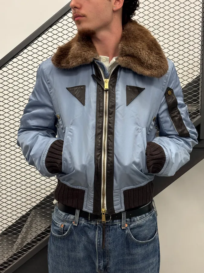 AW2004 Dsquared2 Light Blue Nylon Detachable Fur Collar Bomber Jacket - Image 3