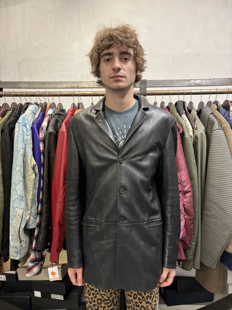 AW2004 Emporio Armani Black Long Minimalist Leather Jacket - Image 2