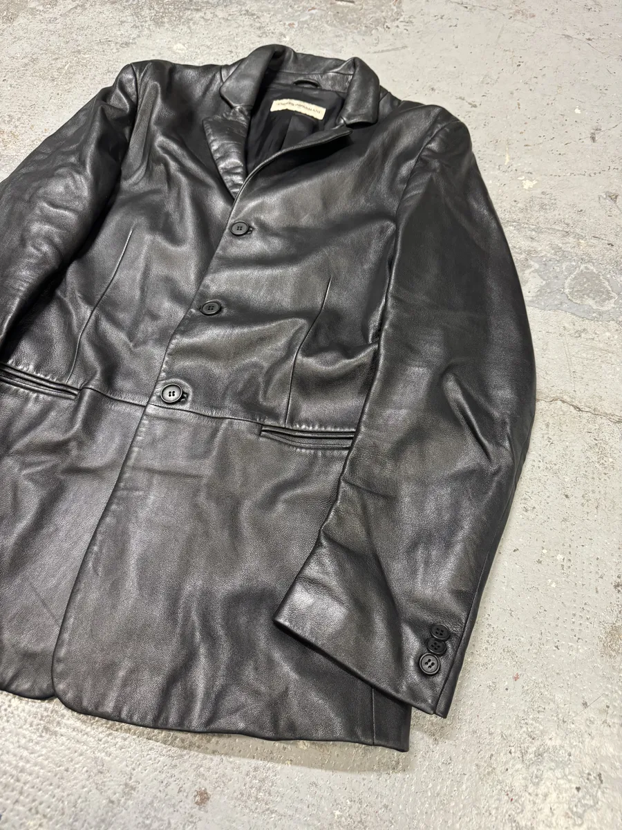 AW2004 Emporio Armani Black Long Minimalist Leather Jacket - Image 5