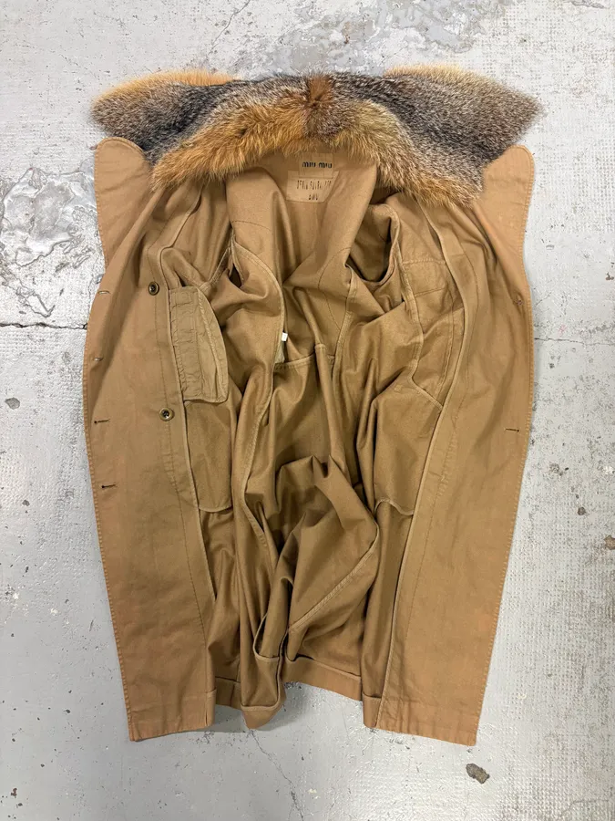 AW2004 Miu Miu Beige Cotton Fur Collar Trench Coat - Image 8