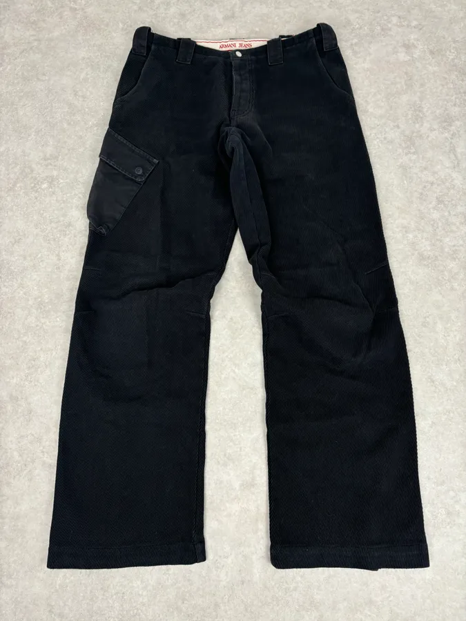 AW2005 Armani Black Corduroy Cargo Wide-Leg Pants - Image 5