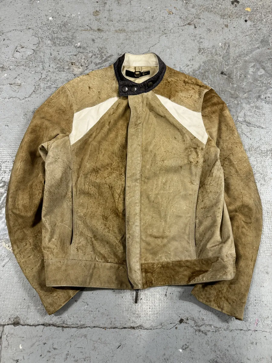 AW2005 Cavalli Biker Beige Faded Suede Leather Jacket - Image 3