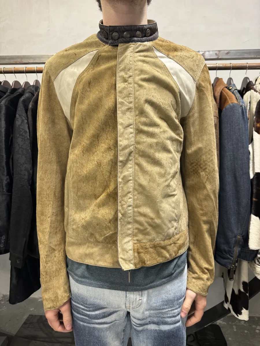 AW2005 Cavalli Biker Beige Faded Suede Leather Jacket - Image 6