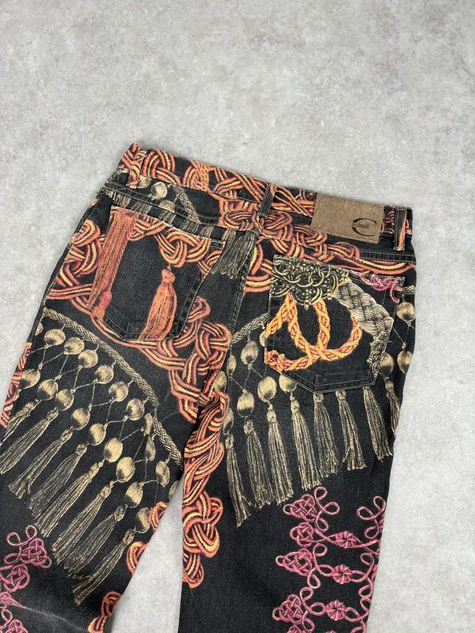 AW2005 Cavalli Black Ornamental Patterned Denim Jeans - Image 7
