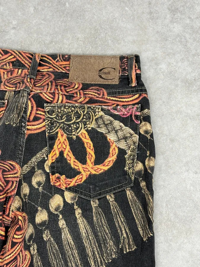 AW2005 Cavalli Black Ornamental Patterned Denim Jeans - Image 8