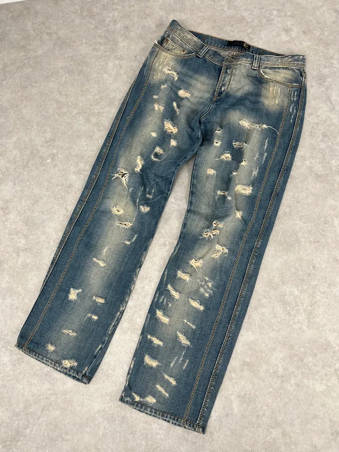 AW2005 Cavalli Blue Faded Distressed Denim Jeans - Image 5