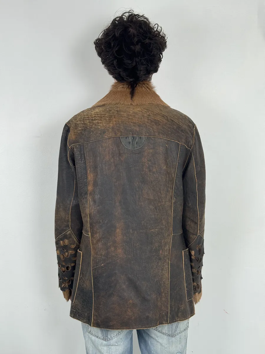 AW2005 Cavalli Brown Eroded Leather Fur-Collar Jacket - Image 3