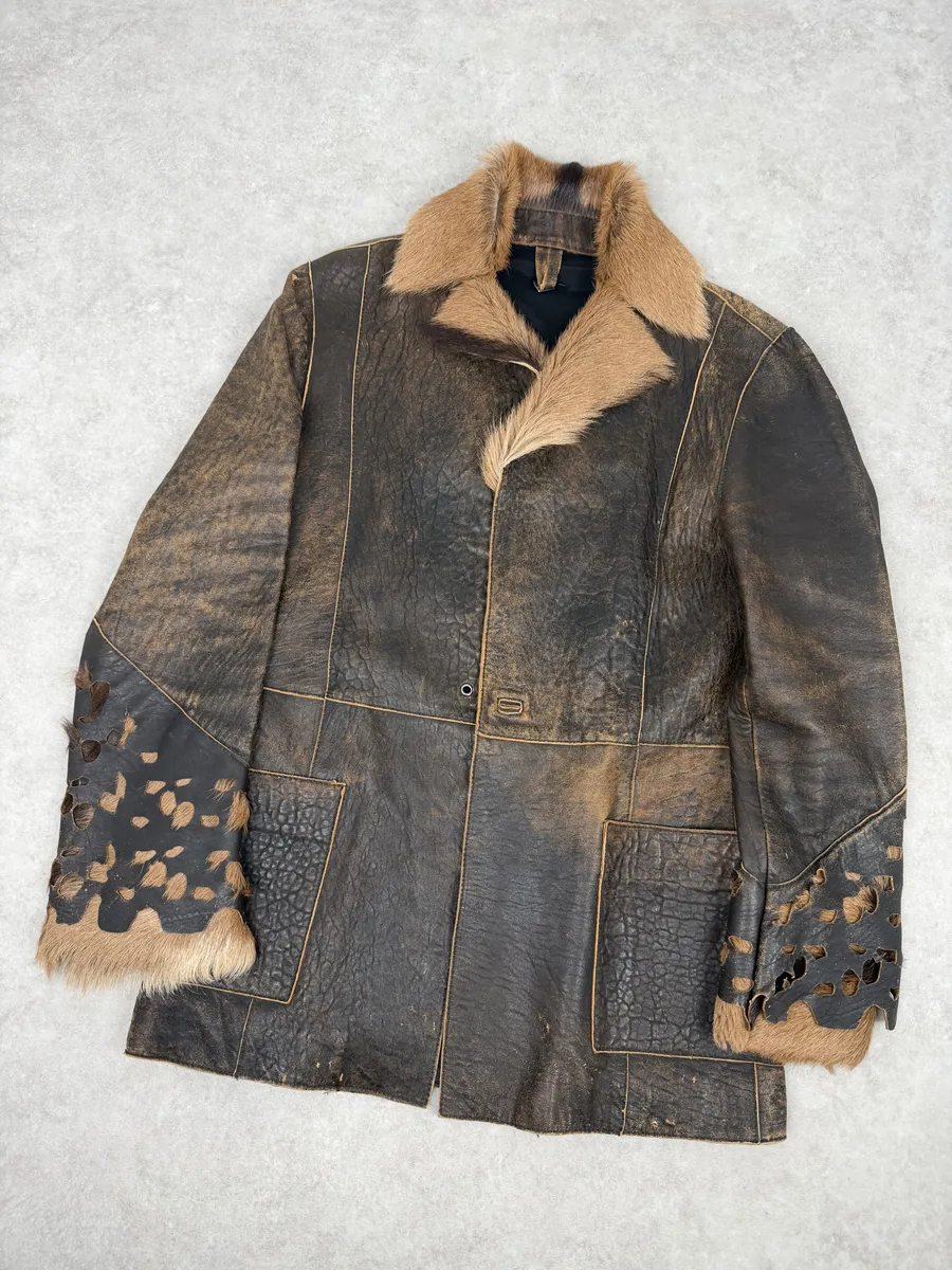 AW2005 Cavalli Brown Eroded Leather Fur-Collar Jacket - Image 8