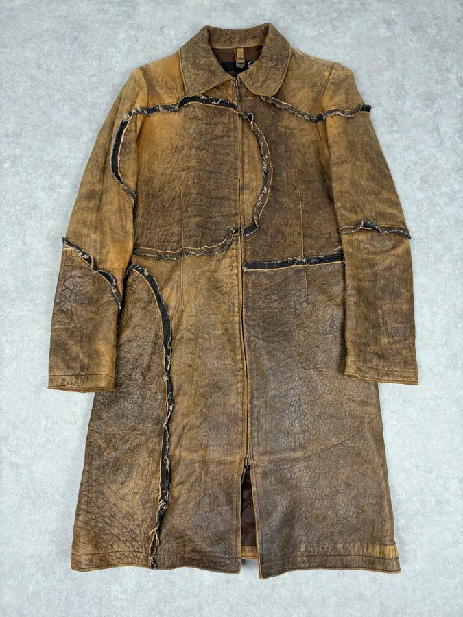 AW2005 Cavalli Brown Eroded Leather Trench Coat