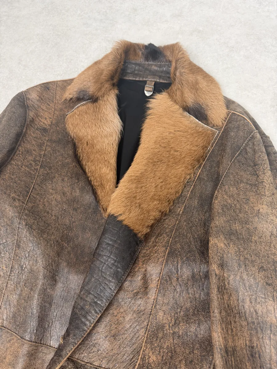 AW2005 Cavalli Brown Fur Raw Faded Leather Jacket - Image 7