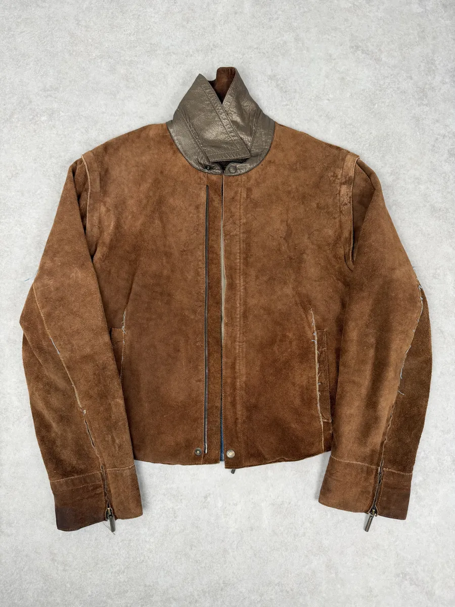 AW2005 Cavalli Contemporary Detachable Sleeves Brown Suede Denim Leather Jacket - Image 5