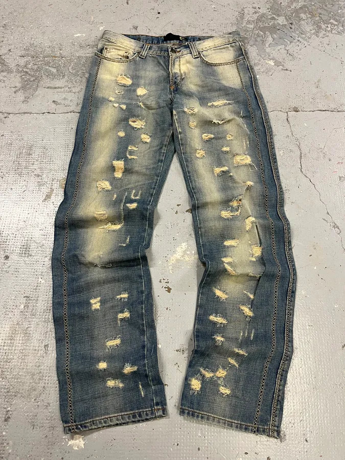 AW2005 Cavalli Cross Stiches Distressed Blue Denim Jeans