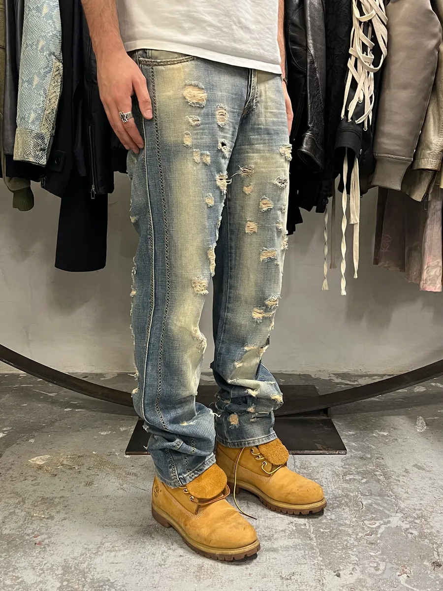 AW2005 Cavalli Cross Stiches Distressed Blue Denim Jeans - Image 3