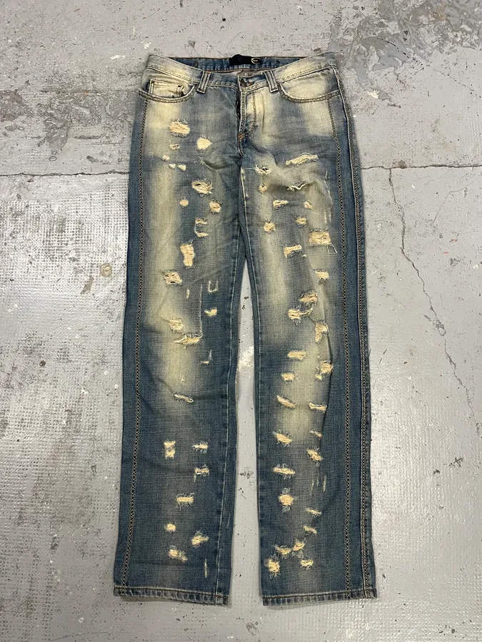 AW2005 Cavalli Cross Stiches Distressed Blue Denim Jeans - Image 5