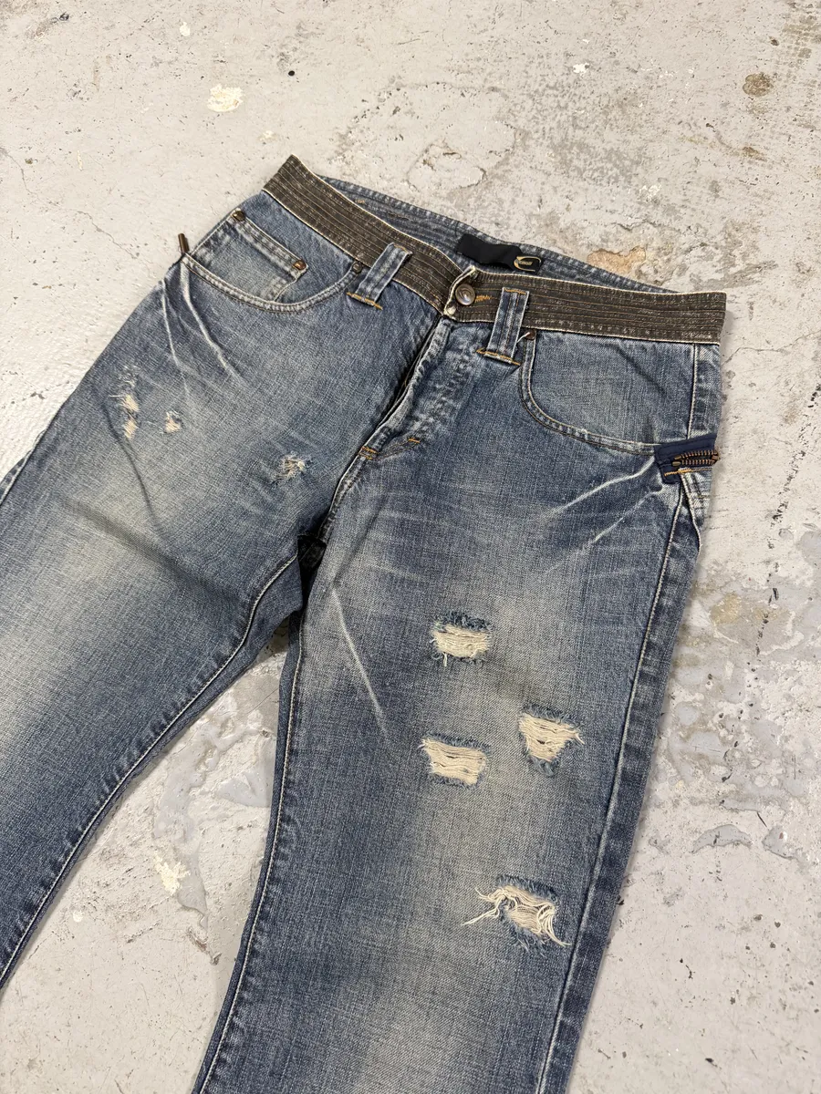 AW2005 Cavalli Distressed Blue Rebel Grey Waist Denim Jeans - Image 3