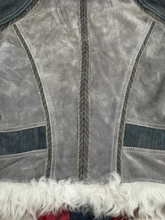AW2005 Cavalli Mongolian Fur Grey Leather & Blue Denim Jacket - Image 12