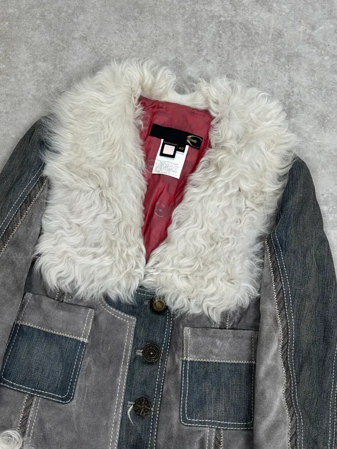 AW2005 Cavalli Mongolian Fur Grey Leather & Blue Denim Jacket - Image 6
